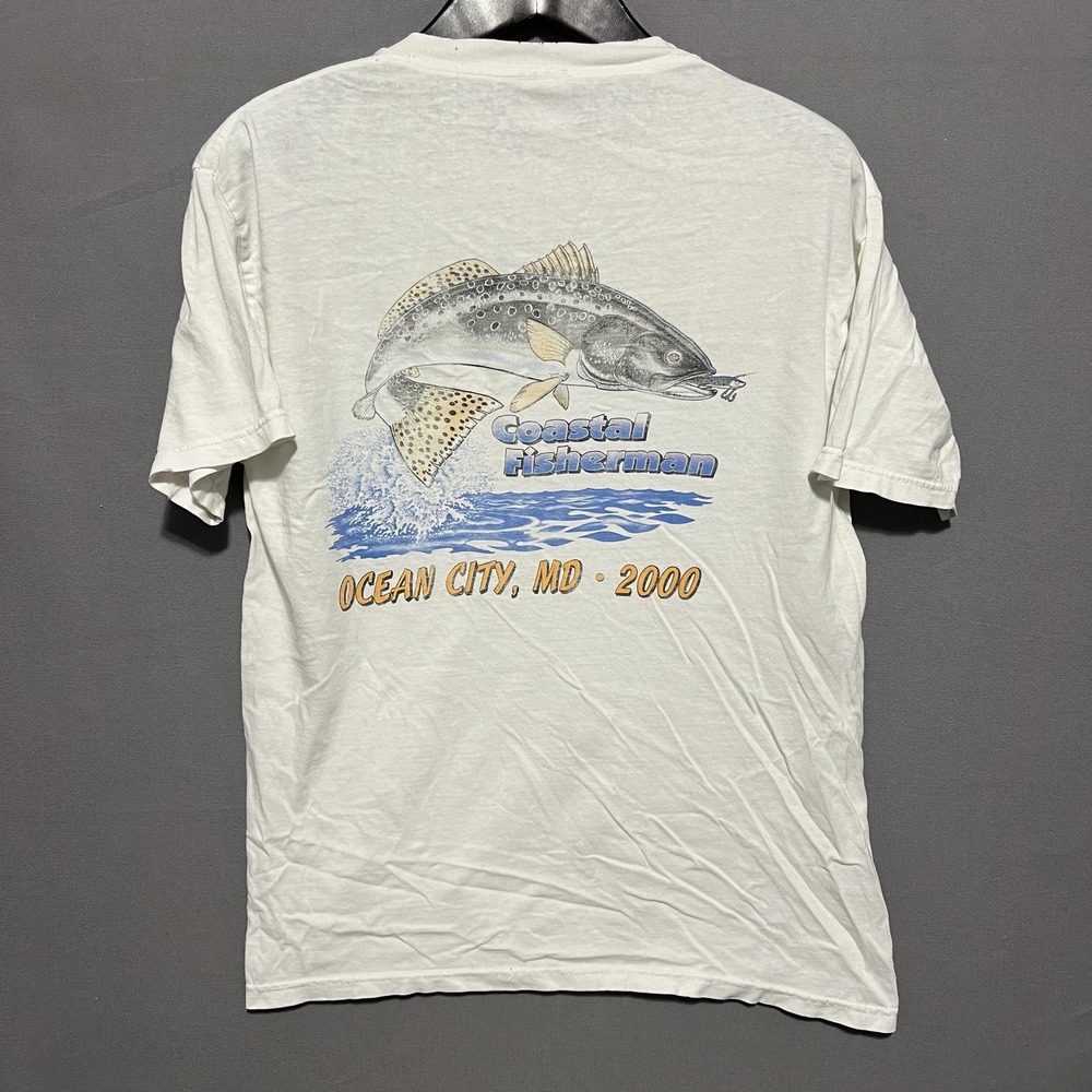 Vintage Coastal Fisherman Jewel Tones Shirt Mens Medium White Ocean City MD 2000
